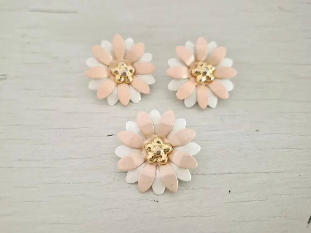 Blush Pink and White Layered Enamel Metal Flower Brooch and Earring Set